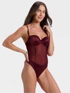 Auden Burgundy Satin & Mesh Bodysuit. Bin #7